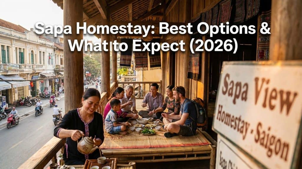 Sapa Homestay — Traditional wooden sapa homestay overlooking Ta Van terraced rice fields at sunset