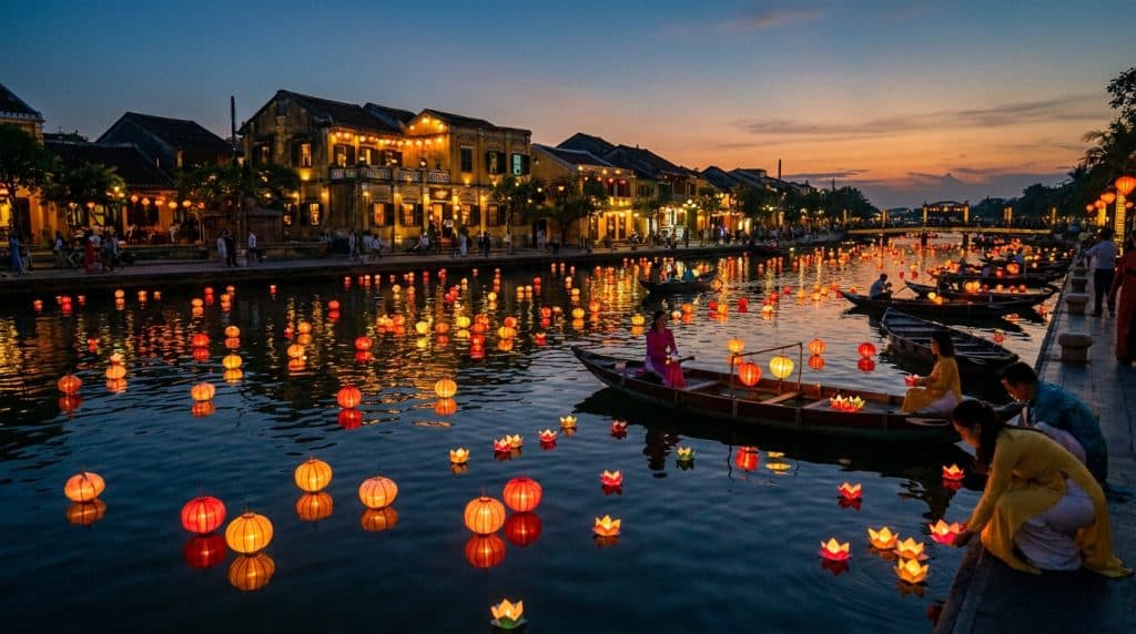 Hoi an Lantern Festival — Glowing silk lanterns floating on Thu Bon River during the Hoi An Lantern Festival