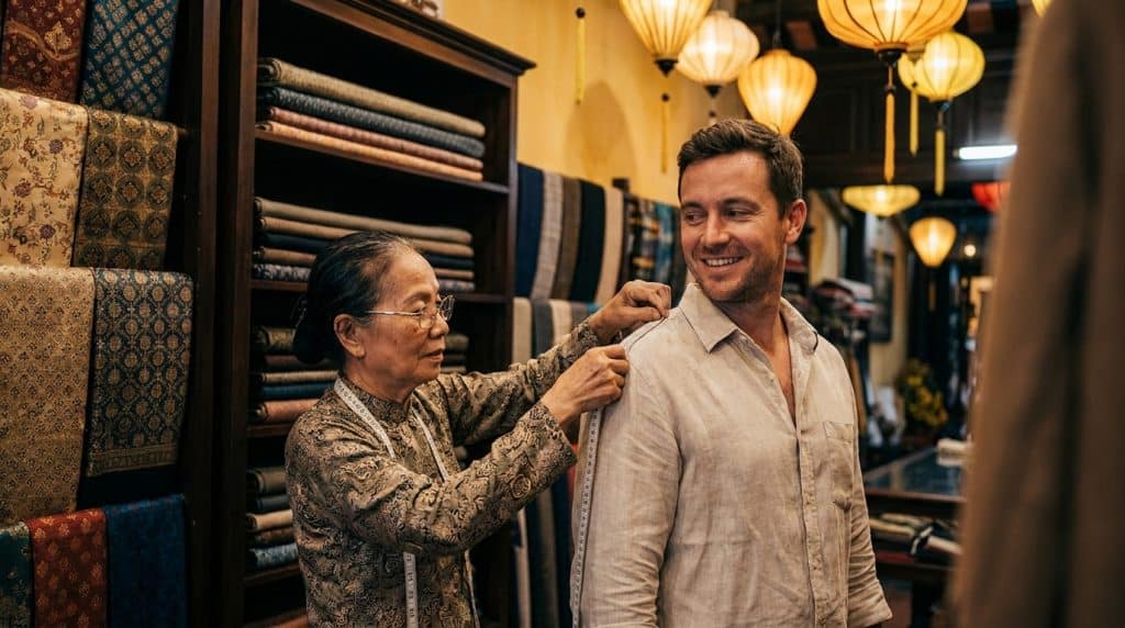 Hoi an Tailors — Bespoke Hoi An tailors fitting a custom suit on a foreign traveler in a lantern-lit Old Town shop
