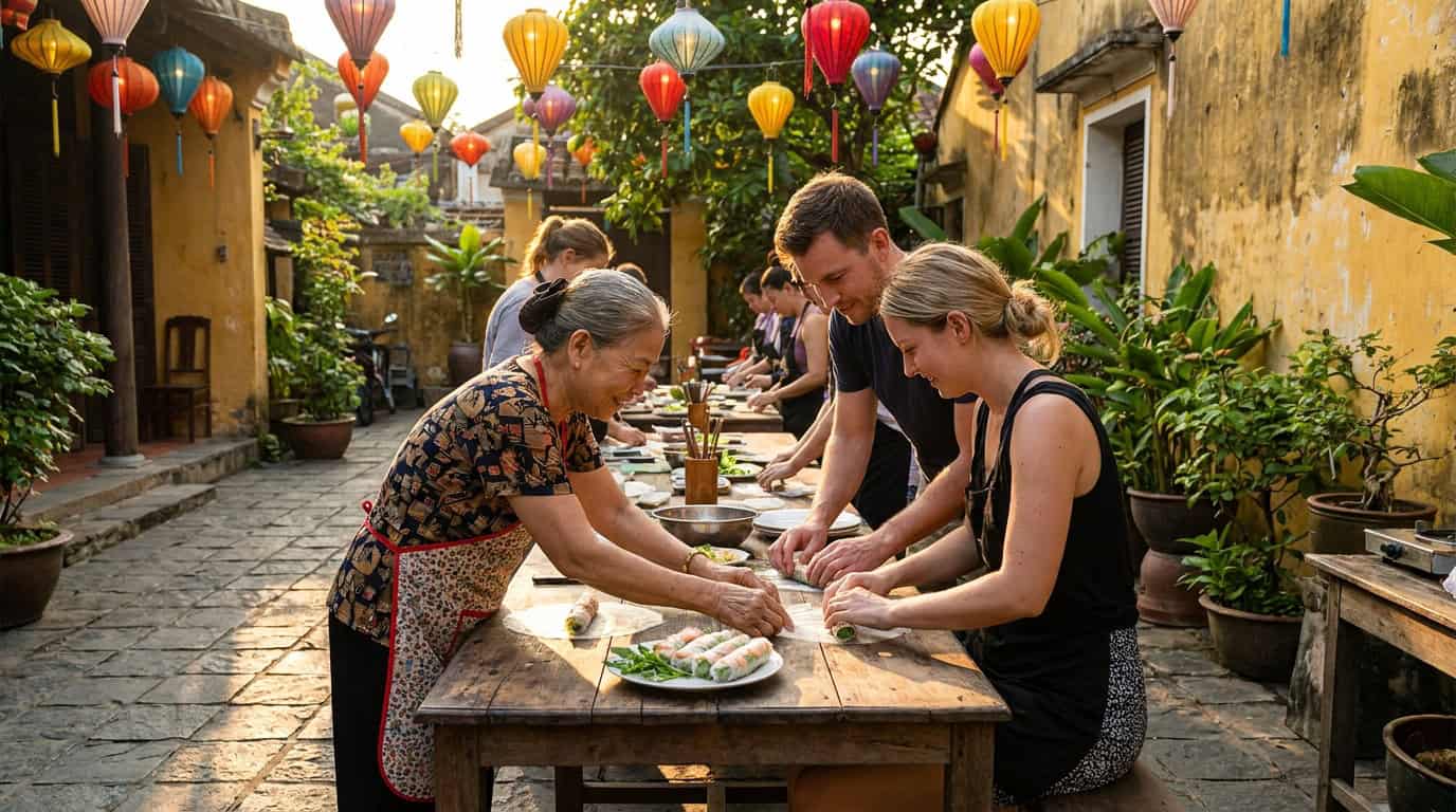 Hoi an Cooking Class — Foreign tourists wrapping fresh spring rolls during a hoi an cooking class in a lantern-lit court