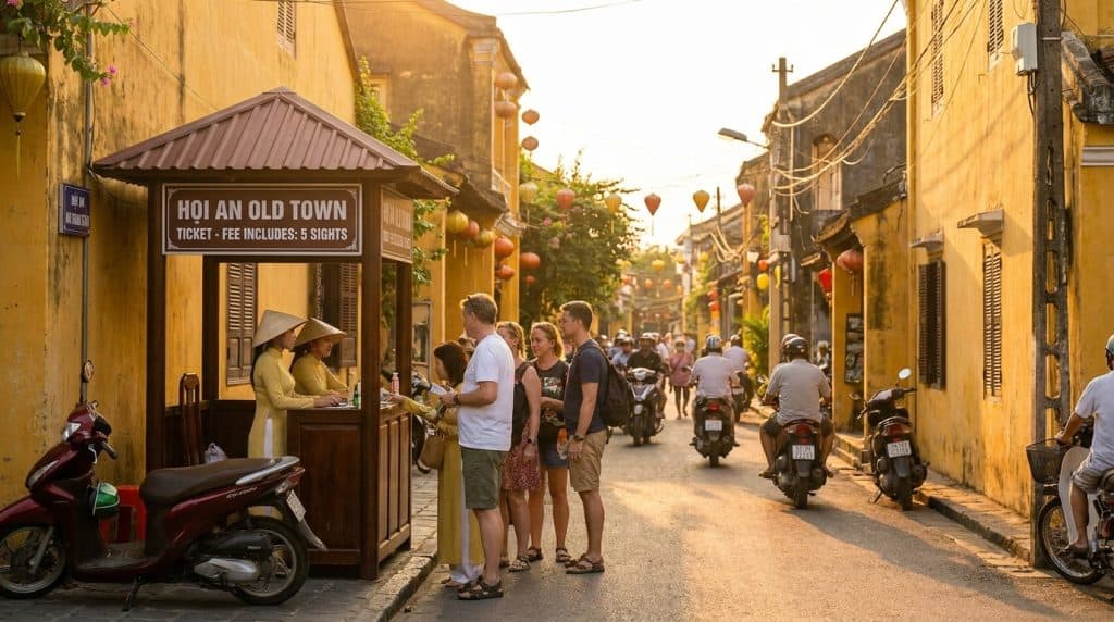 Hoi an Old Town Entrance Fee — Tourist holding a Hoi An Old Town entrance fee ticket near the lantern-lit Japanese Cover