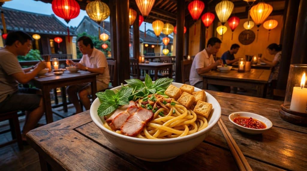 Best Restaurants in Hoi an — Bowl of cao lau served at one of the best restaurants in Hoi An at dusk under yellow lanter
