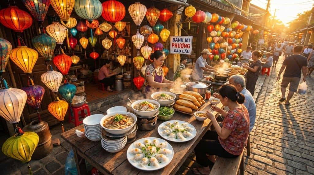 Hoi an Street Food — Hoi An street food stall with cao lau, banh mi and white rose dumplings under yellow lanterns at du