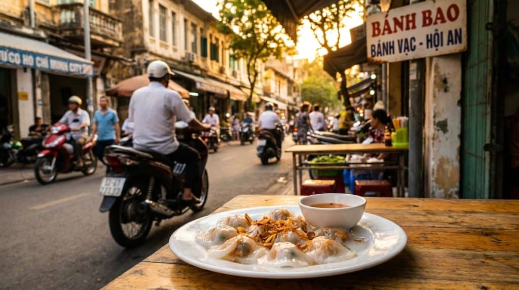 White Rose Dumpling Hoi an — Plate of white rose dumpling Hoi An (banh bao vac) topped with fried shallots and served wi