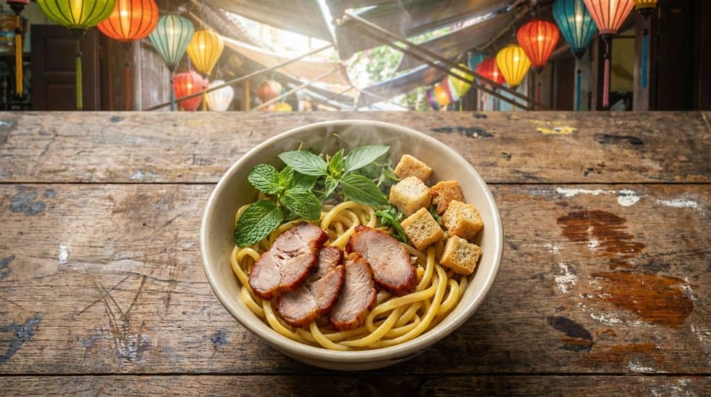 Cao Lau Hoi an — Bowl of authentic cao lau hoi an with thick yellow noodles, char siu pork, herbs and crispy croutons se