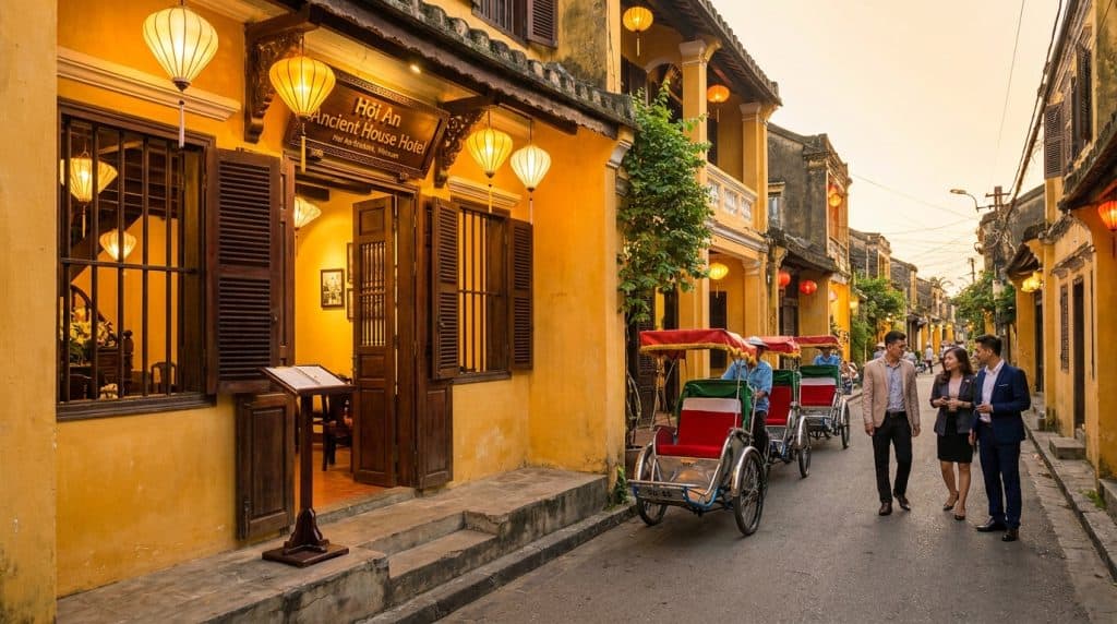 Hoi an Old Town Hotels — Lantern-lit street view of hoi an old town hotels district at dusk with yellow heritage facades