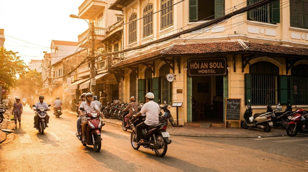 Hoi an Hostels — Foreign backpackers relaxing in the lantern-lit courtyard of one of the best Hoi An hostels in 2026