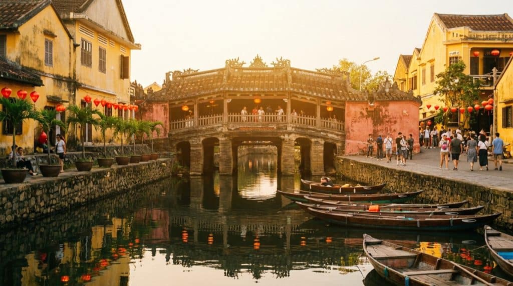 Japanese Covered Bridge Hoi an — Japanese Covered Bridge Hoi An illuminated at dusk with red lanterns and reflections on