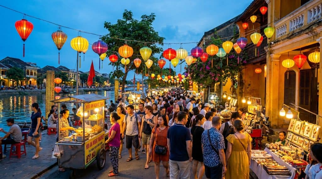Hoi an Night Market — Glowing silk lanterns above stalls at the Hoi An night market on Nguyen Hoang Street