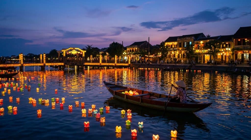 Hoi an Boat Ride on Thu Bon River — Traditional wooden sampan during a hoi an boat ride on thu bon river at dusk with fl