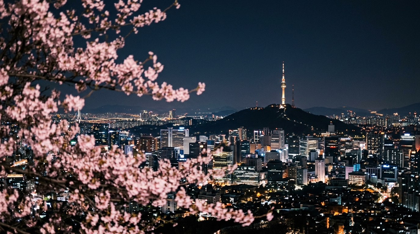 N Seoul Tower at night with city lights of Seoul spread out below and pink cherry blossoms in foreground in seoul travel guide
