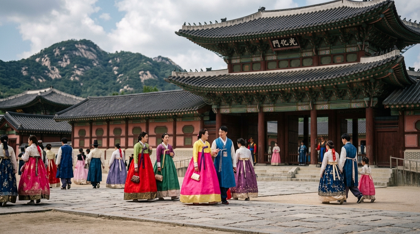 Gyeongbokgung Palace main gate with visitors in colorful hanbok traditional Korean dress and Bugaksan Mountain in backgr in seoul travel guide
