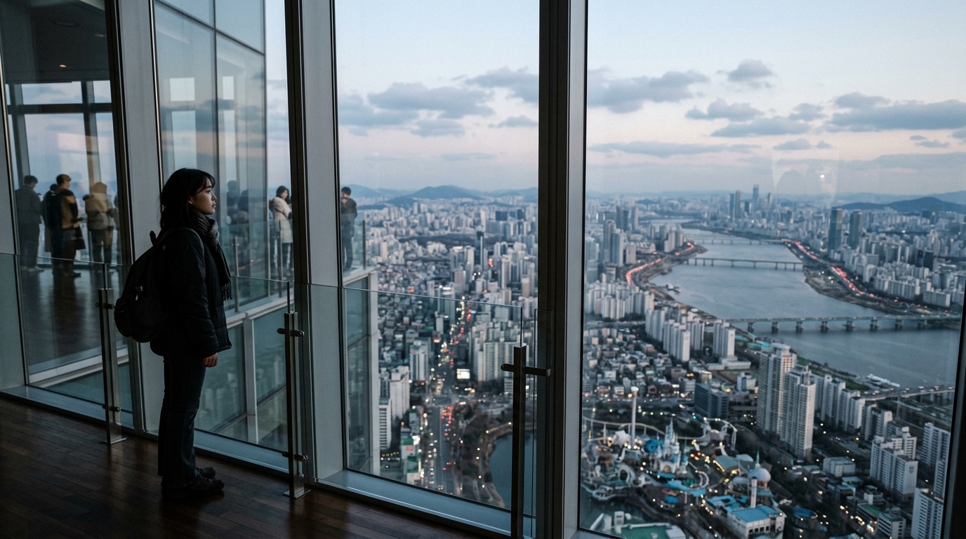 Lotte World Tower Seoul Sky observatory with city sprawling below through floor-to-ceiling windows in seoul travel guide