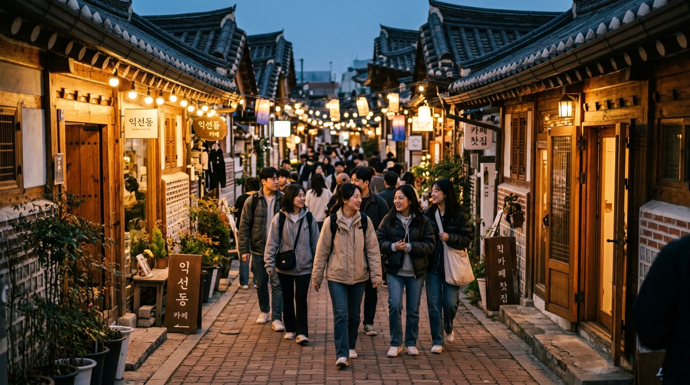 Ikseon-dong alley Seoul with traditional hanok rooftops fairy lights strung between buildings and young Koreans walking in seoul travel guide