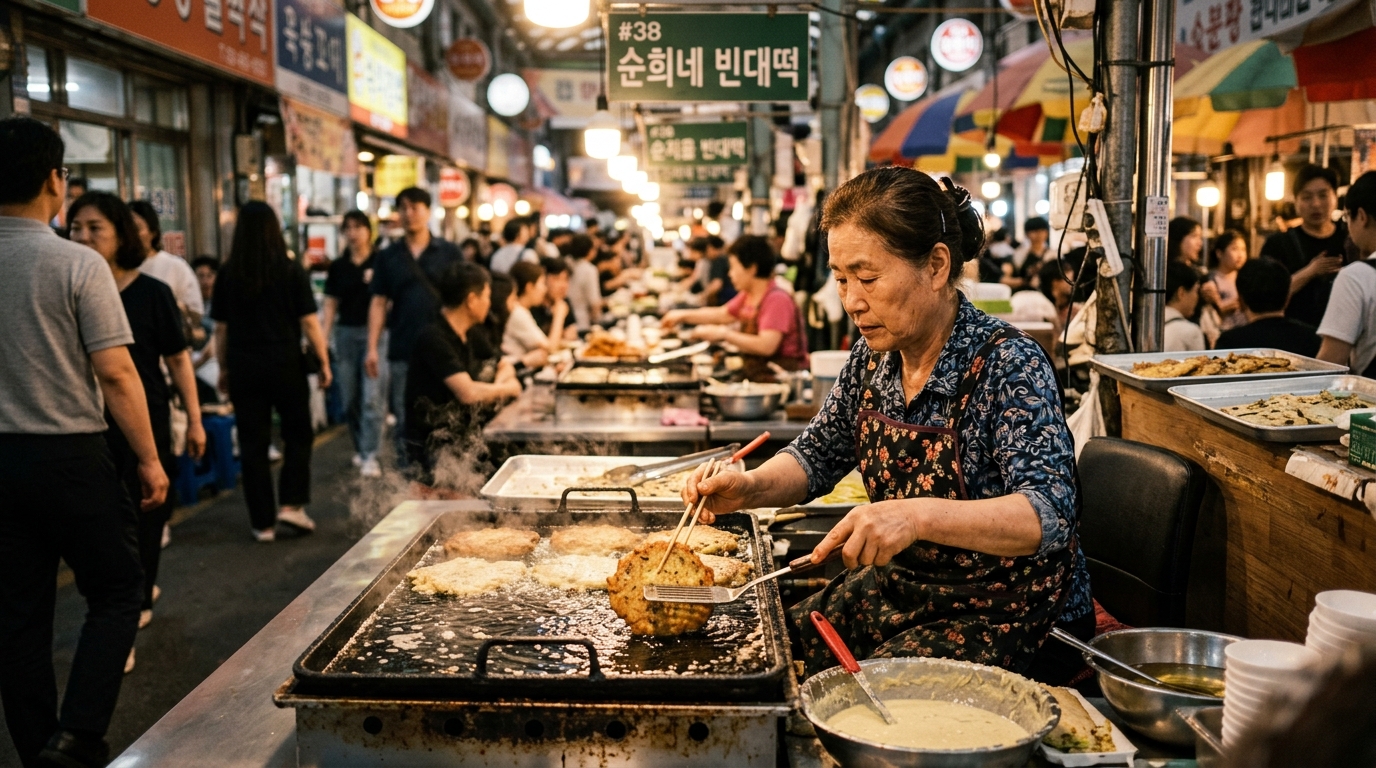 Gwangjang Market Seoul food alley with ajumma making bindaetteok mung bean pancake on hot griddle surrounded by street f in seoul travel guide