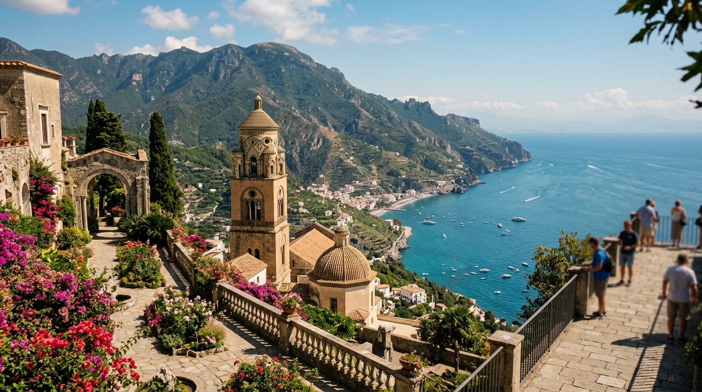 View from Ravello's Villa Rufolo gardens looking down toward the coastline with the Duomo in the foreground