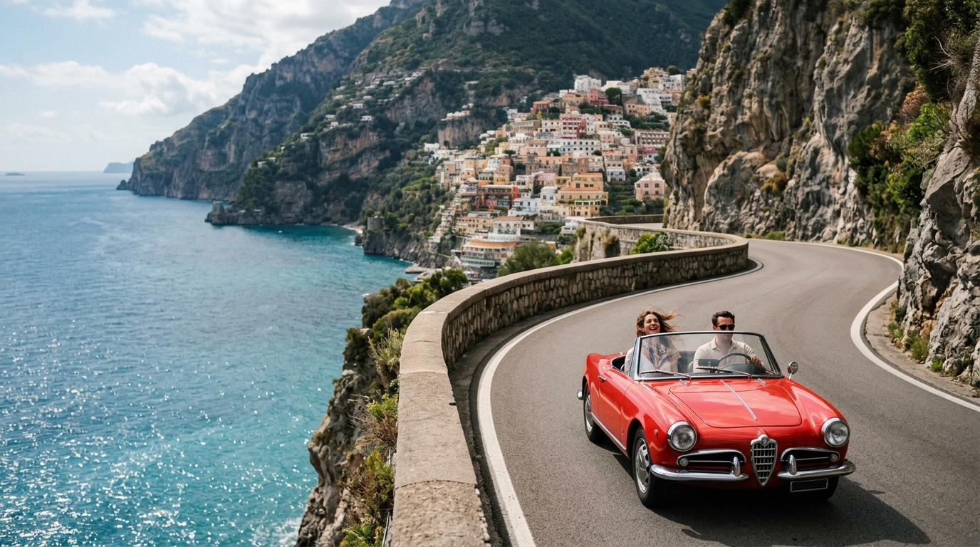 Convertible driving along the winding SS163 coastal road with turquoise sea and cliffside towns in the background