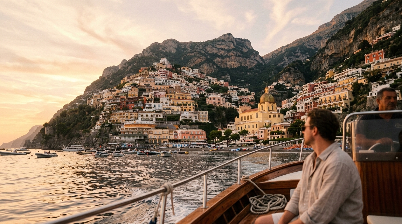 Golden hour view of Positano's colorful cliffside buildings with the domed church from a boat in the bay