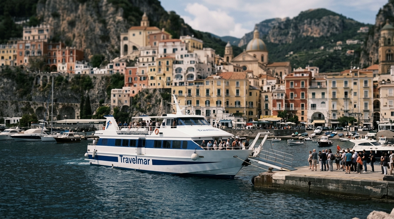 Travelmar ferry arriving at Amalfi dock with colorful coastal buildings in the background