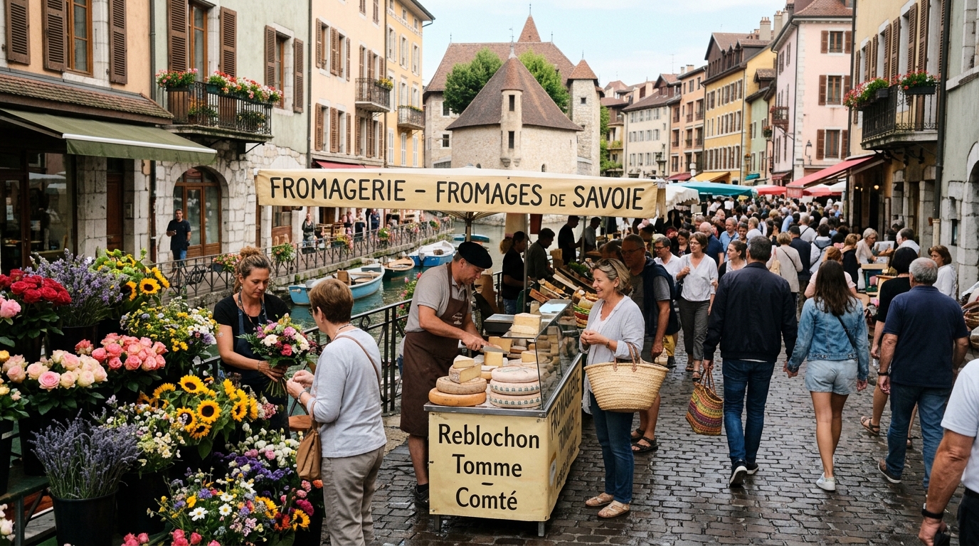 Annecy market old town flowers cheese France - in annecy travel guide