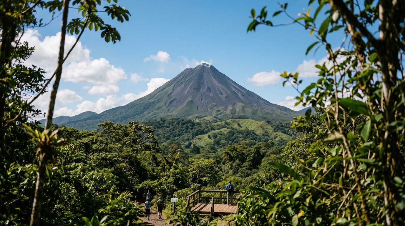 Arenal Volcano perfect cone shape rising above green rainforest with clear blue sky in arenal volcano travel guide