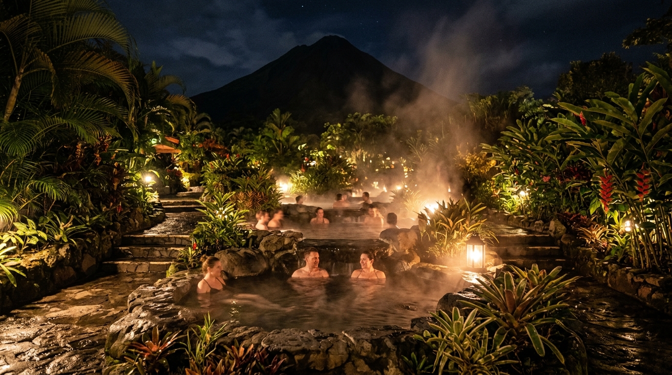Arenal Volcano hot springs tropical garden pools with steam rising at night in arenal volcano travel guide