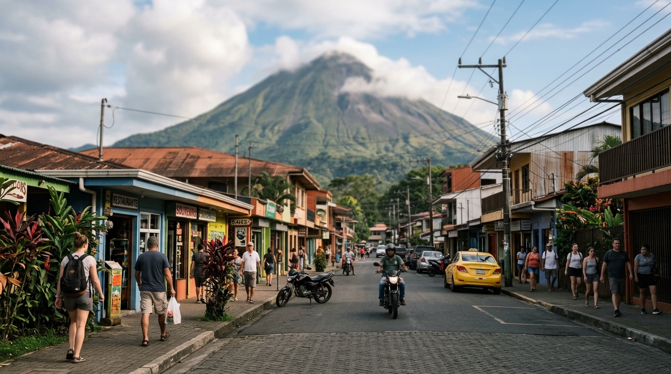 La Fortuna town street view with Arenal Volcano visible in background above rooftops in arenal volcano travel guide