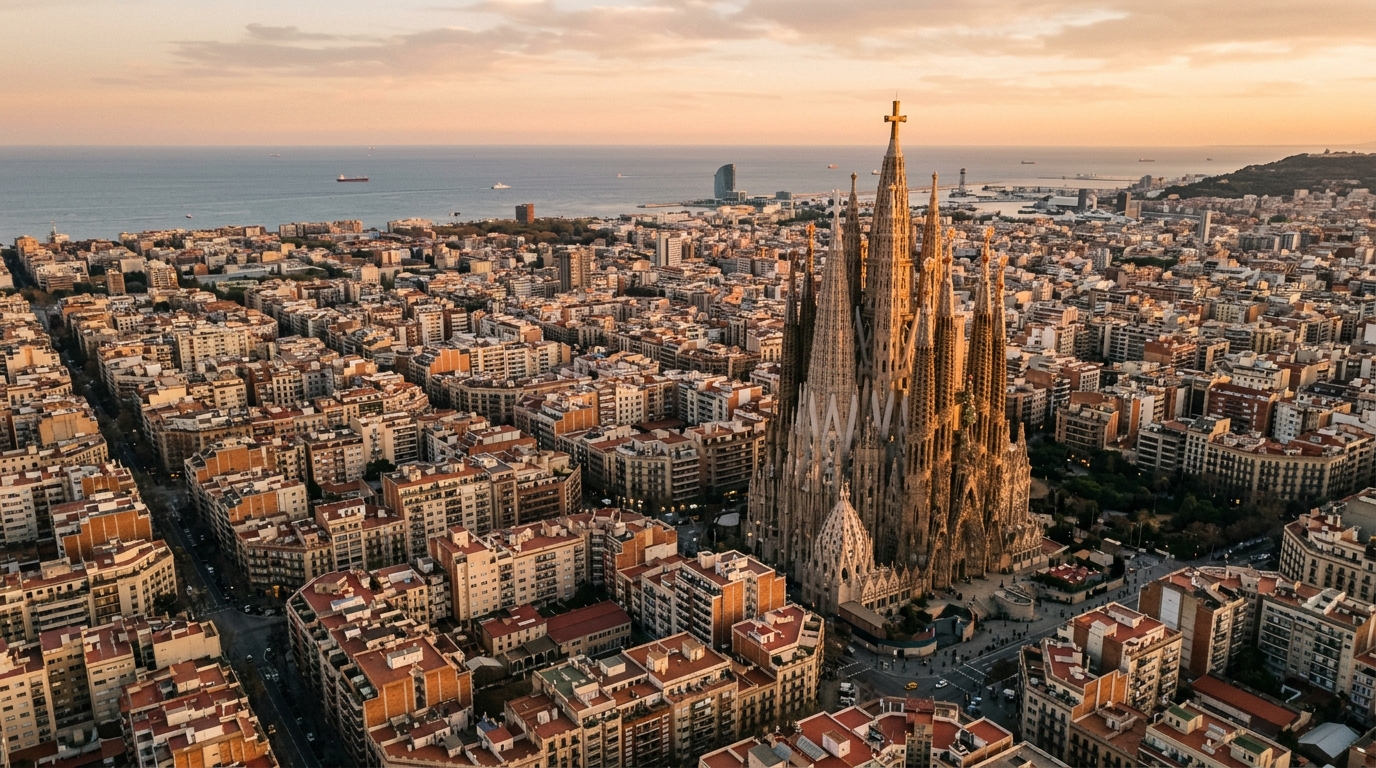 Wide aerial view of Barcelona's skyline at golden hour showing Sagrada Familia spires rising above the Eixample grid wit in best things to do in barcelona