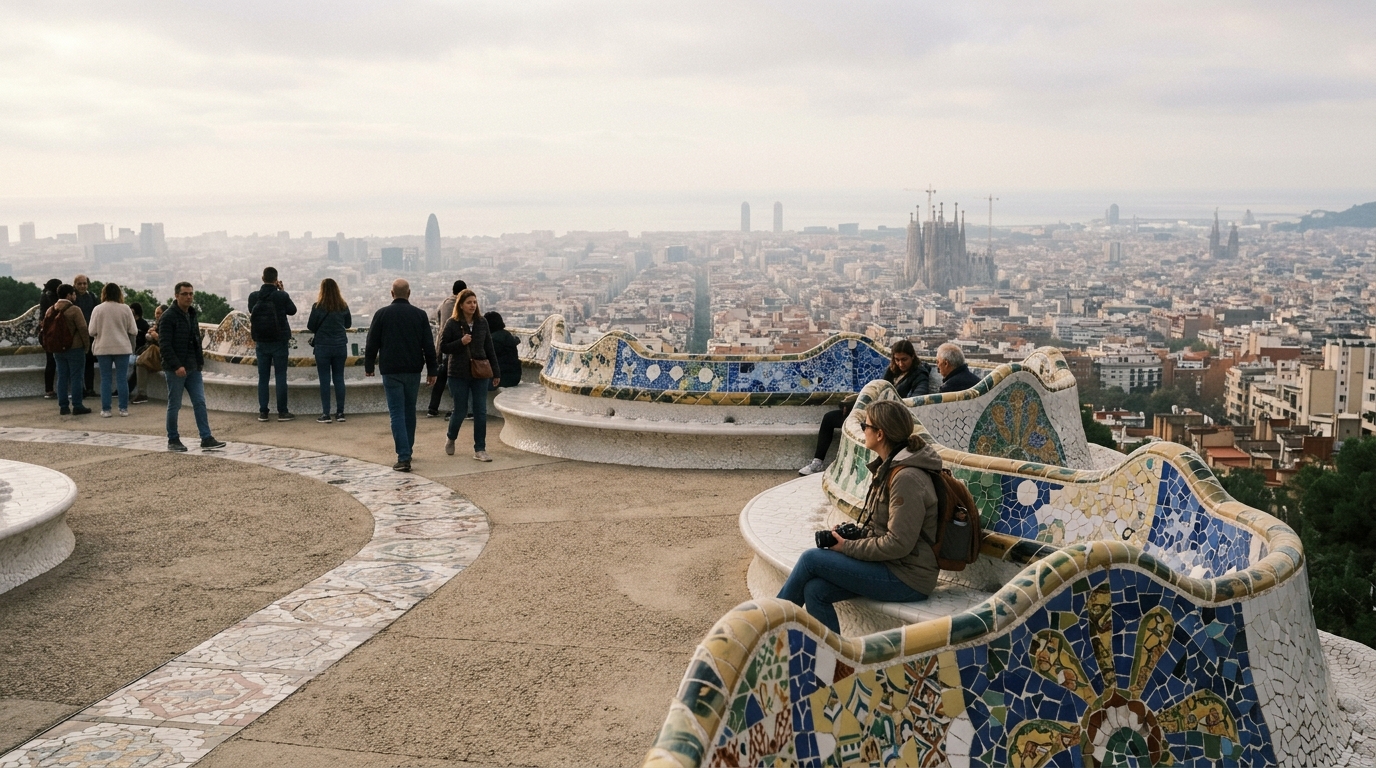 The mosaic-covered roof terrace of Park Guell with colorful ceramic tiles and Barcelona city visible in the misty distan in best things to do in barcelona