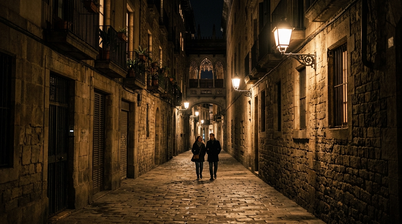 Narrow cobblestone alley in the Gothic Quarter of Barcelona with warm lamplight and medieval stone buildings rising on b in best things to do in barcelona