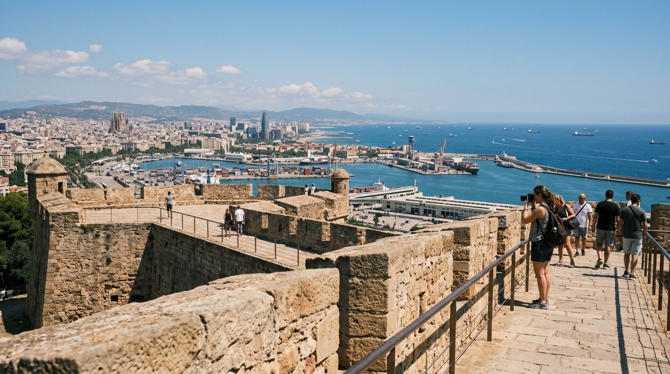 Montjuic Castle stone walls with panoramic view of Barcelona port and Mediterranean Sea on a clear day in best things to do in barcelona