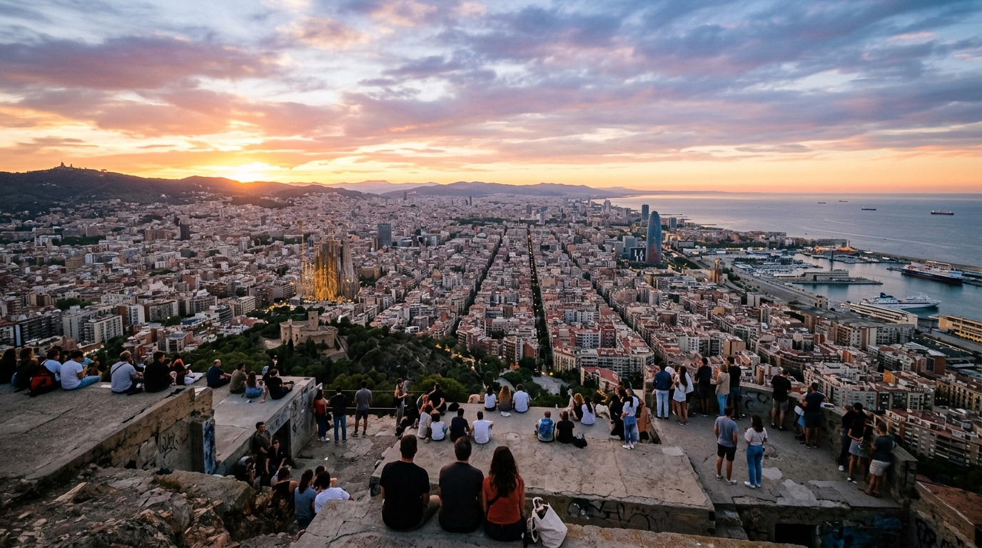 Panoramic 360-degree view of Barcelona at sunset from the Bunkers del Carmel hilltop with the city grid extending to the in best things to do in barcelona