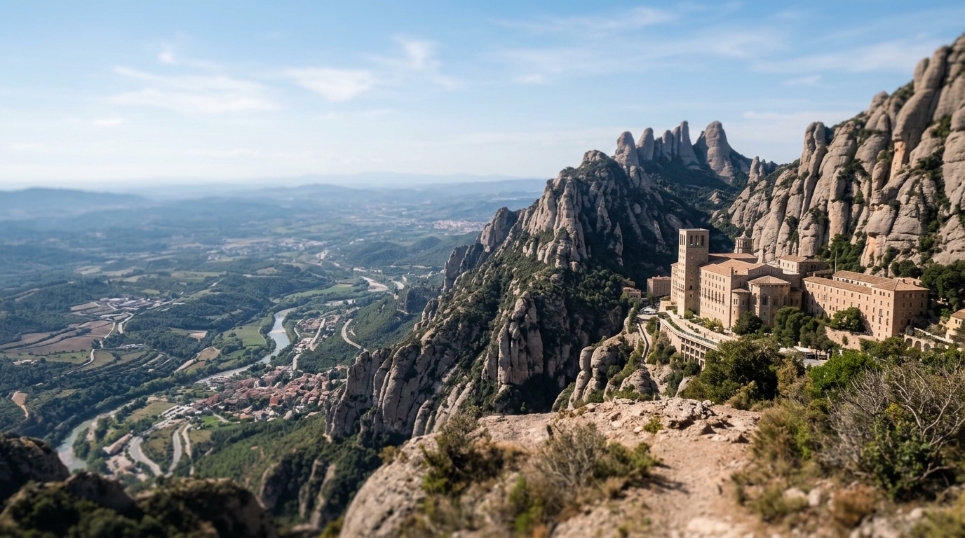 Montserrat mountain monastery perched on jagged rocky peaks with valley and Catalonian plains visible far below on a sun in best things to do in barcelona