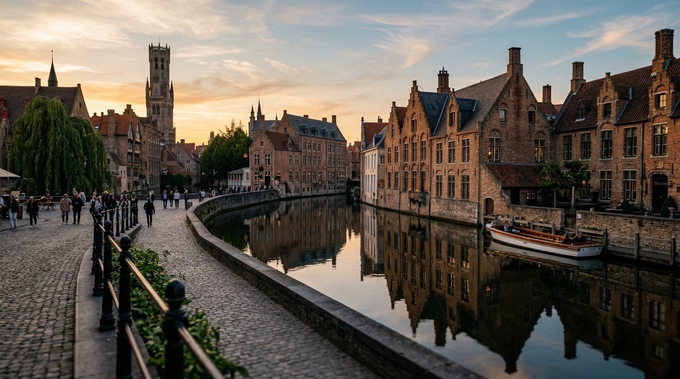 Bruges Rozenhoedkaai canal viewpoint at golden hour with medieval buildings reflected in still water - in best things to do in bruges