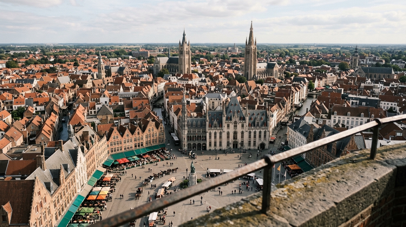 View from the top of the Bruges Belfry looking over the Markt square and medieval rooftops stretching to the horizon - in best things to do in bruges