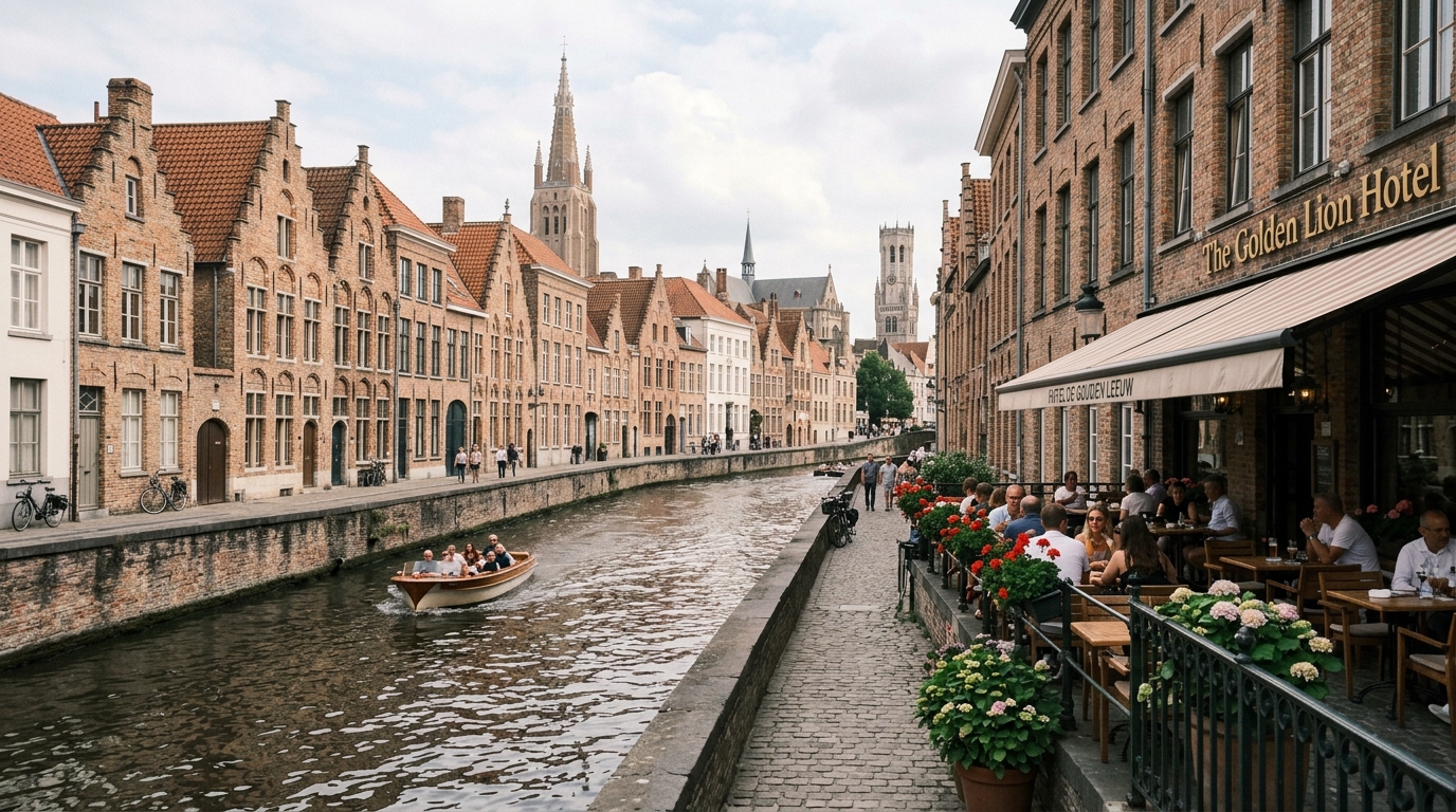 Canal-side view of Bruges old town with medieval brick buildings and a hotel terrace - in bruges hotels