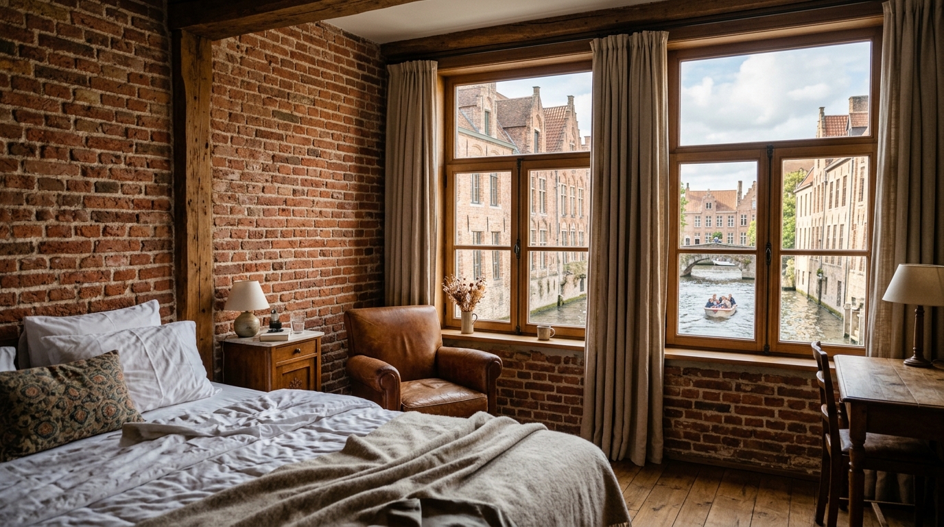 Boutique hotel room interior in Bruges with exposed brick walls and canal view through window - in bruges hotels
