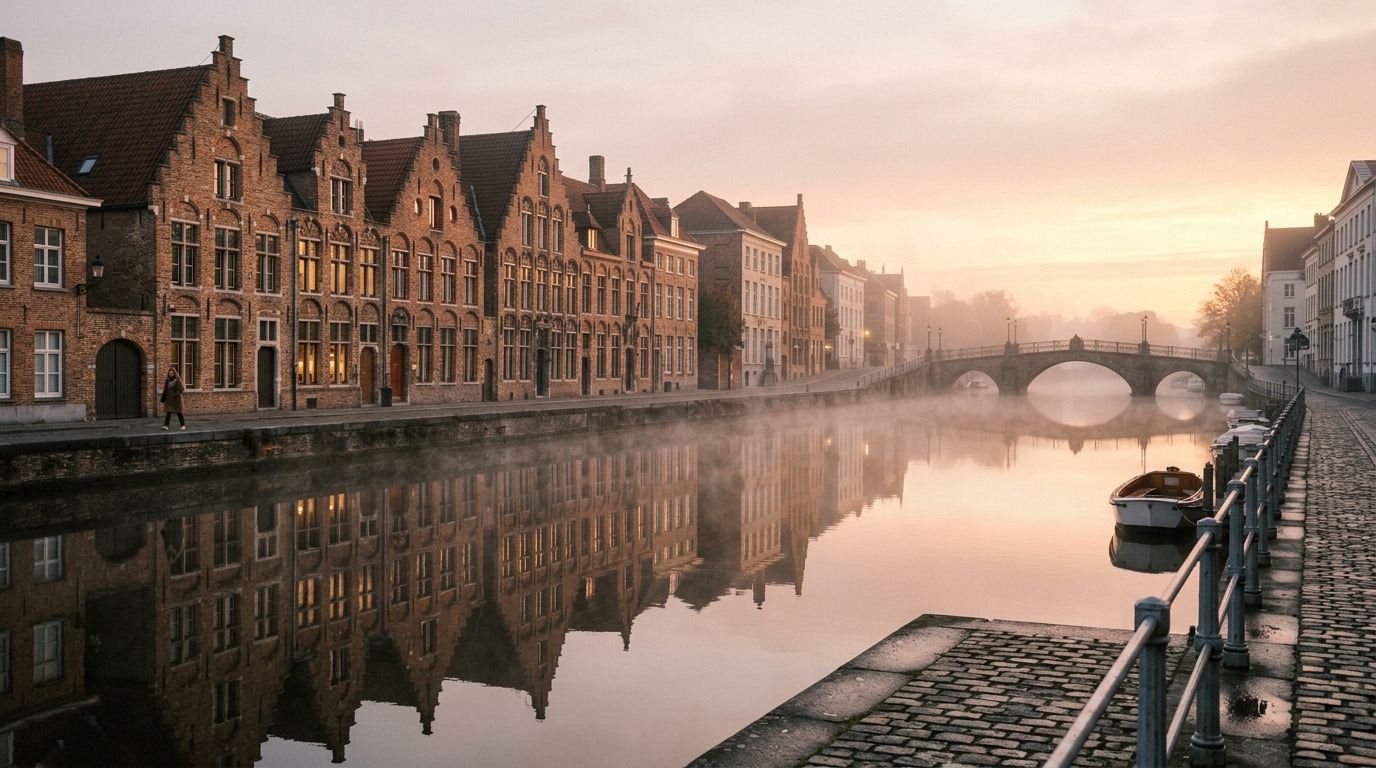 Bruges canal at sunrise with mist rising off the water and medieval guild houses reflected perfectly - in bruges itinerary