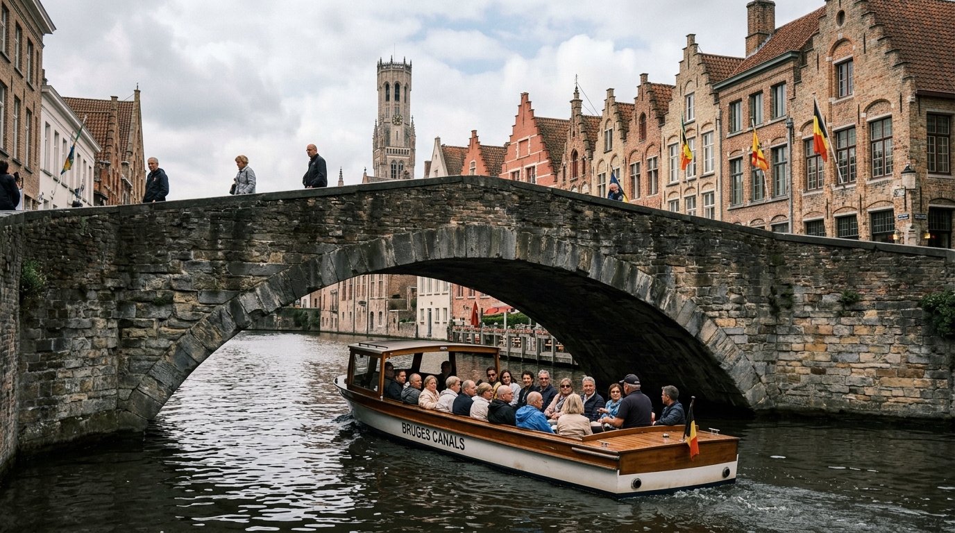 canal boat gliding under a stone bridge in Bruges with tourists on board and medieval facades behind - in bruges itinerary