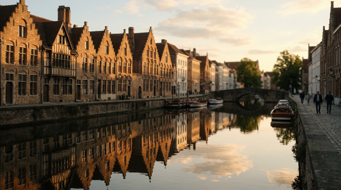 Bruges canal at golden hour with medieval guild houses reflected in water