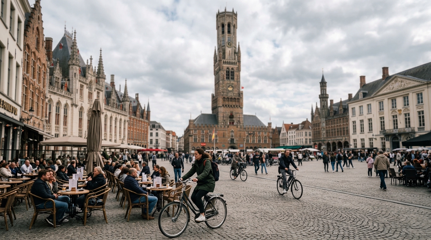 Bruges Belfry tower rising above Markt square with outdoor cafe tables and cyclists below