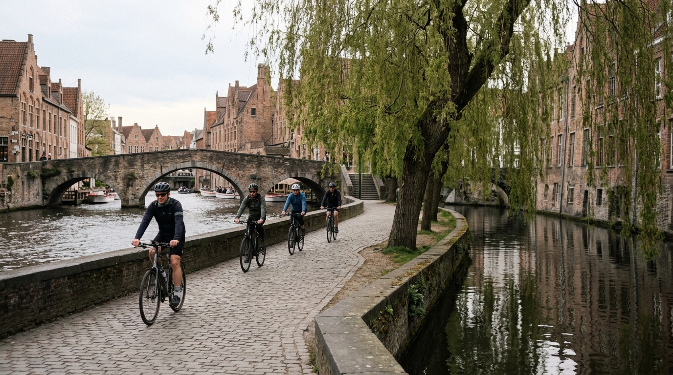 Cyclists riding along a Bruges canal towpath past brick bridges and willow trees