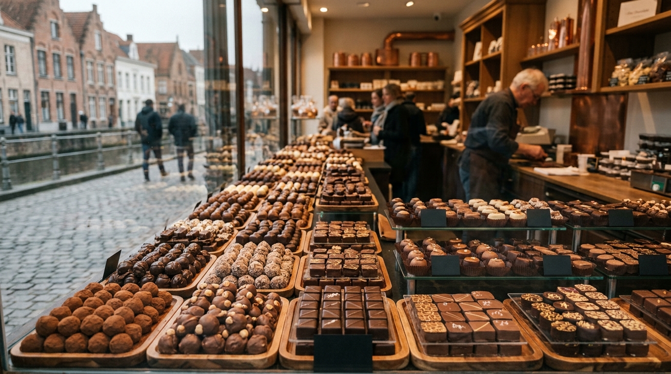 Bruges chocolate shop window display with handmade pralines and truffles arranged in rows