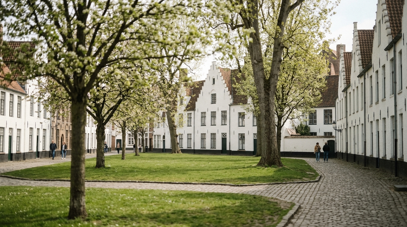 Bruges Beguinage (Begijnhof) courtyard in spring with white-washed buildings surrounding a tree-lined lawn — searc in bruges travel guide