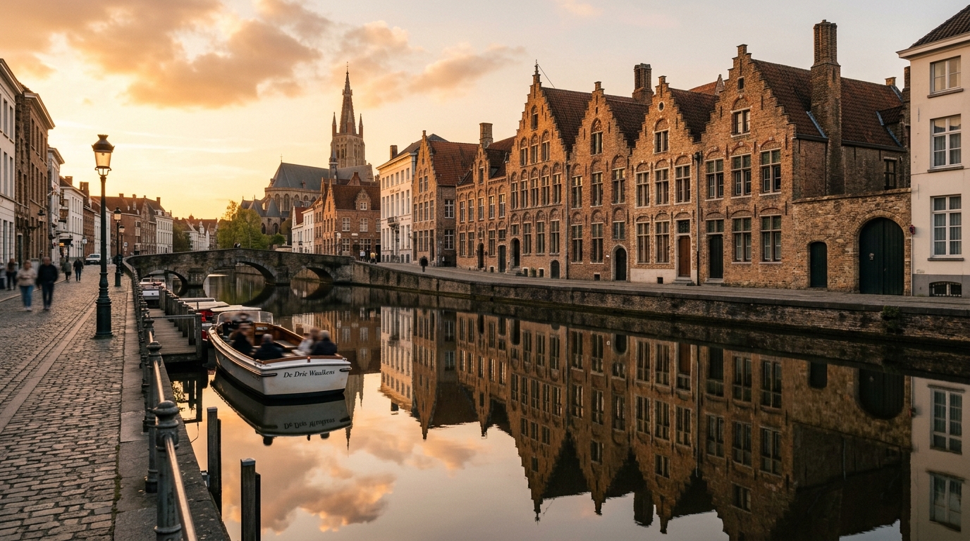 Bruges canal at golden hour with medieval guild houses reflected in still water in is bruges worth visiting