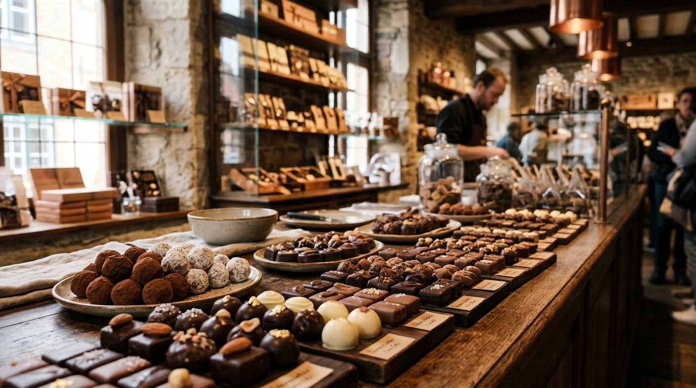 Belgian chocolate pralines at an artisan Bruges chocolate shop in is bruges worth visiting