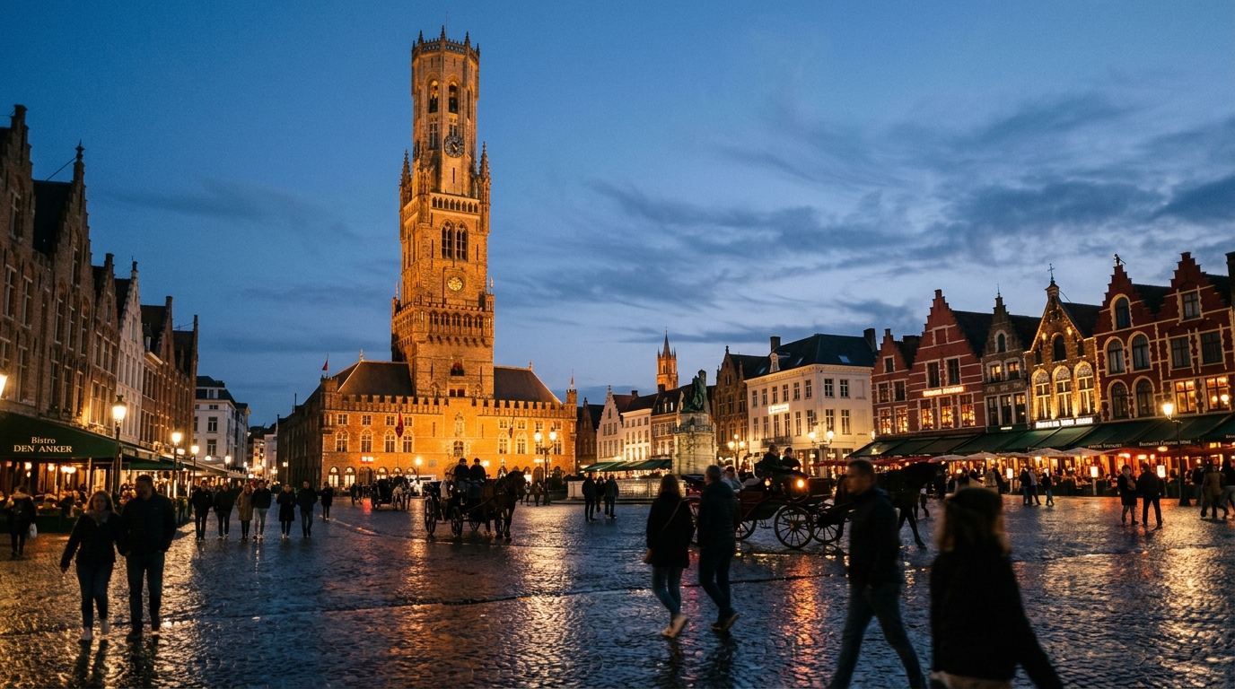 Bruges Markt square with the Belfry tower at dusk with warm lights reflected on the cobblestones in is bruges worth visiting