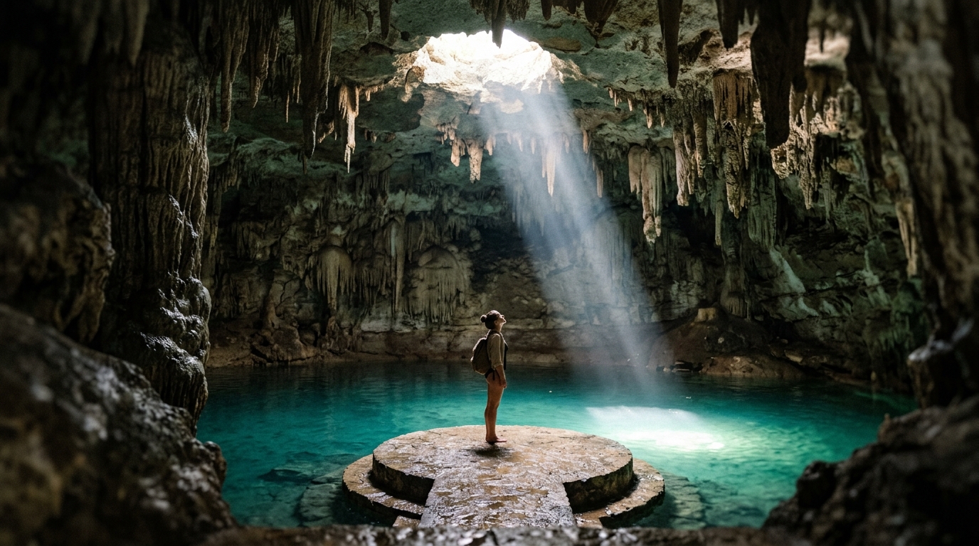 Sunlight beaming into a cave cenote with turquoise water and stalactites - in cenotes yucatan travel guide