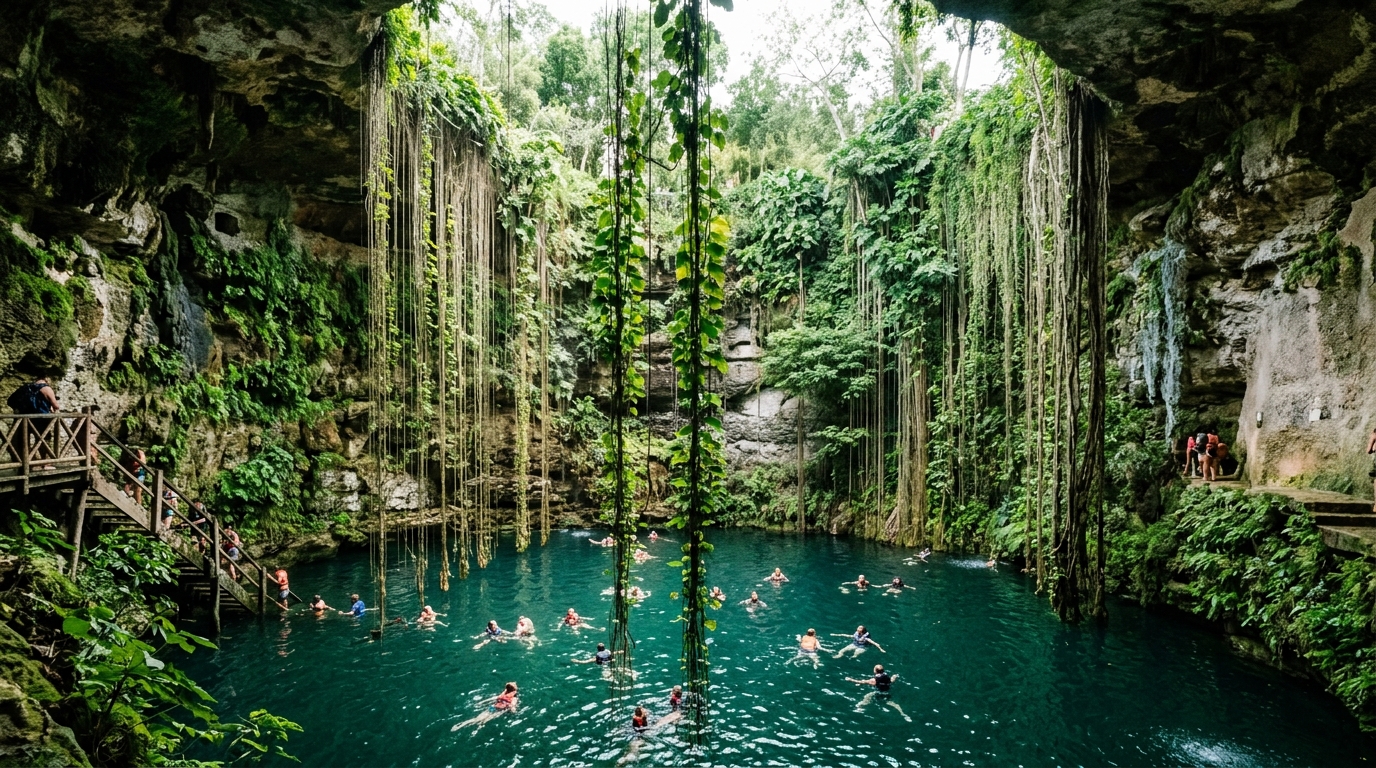 Ik Kil cenote open air with hanging vines and swimmers below - in cenotes yucatan travel guide