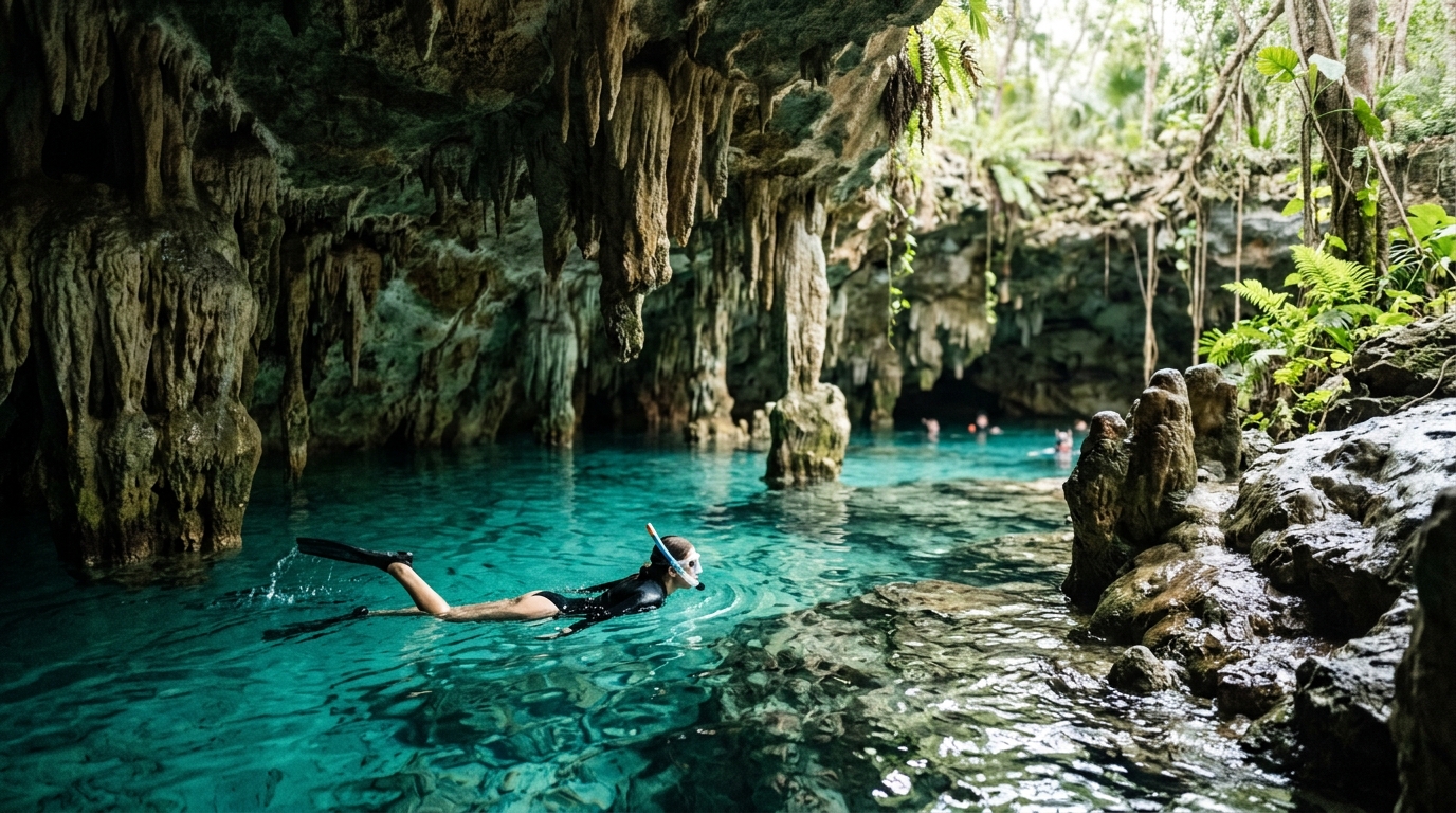 Gran Cenote Tulum snorkeling with stalactites and crystal clear water - in cenotes yucatan travel guide